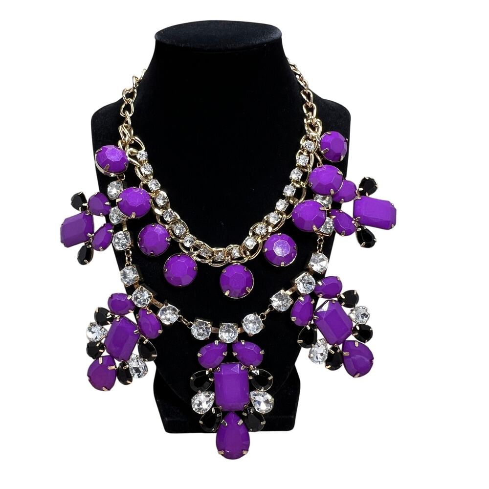LUCIA Statement Necklace Purple Black Clear Rhinestone Gold Tone Floral Cluster